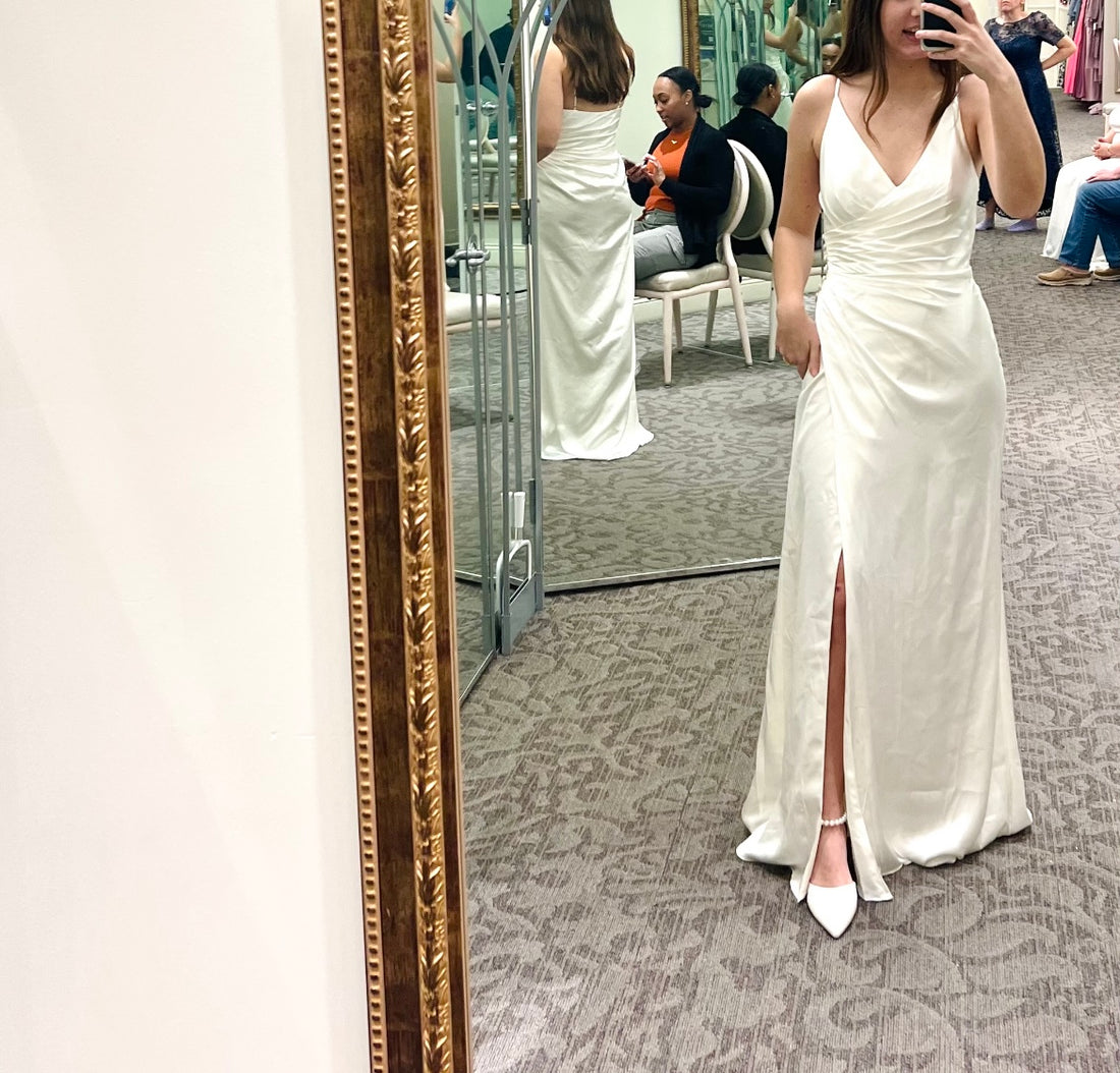 DB draped satin spaghetti strap sheath wedding dress- 4