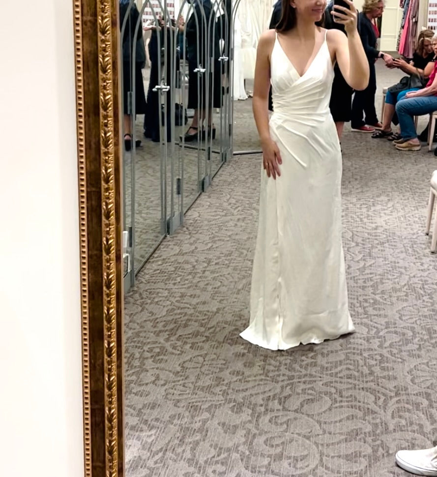 DB draped satin spaghetti strap sheath wedding dress- 4