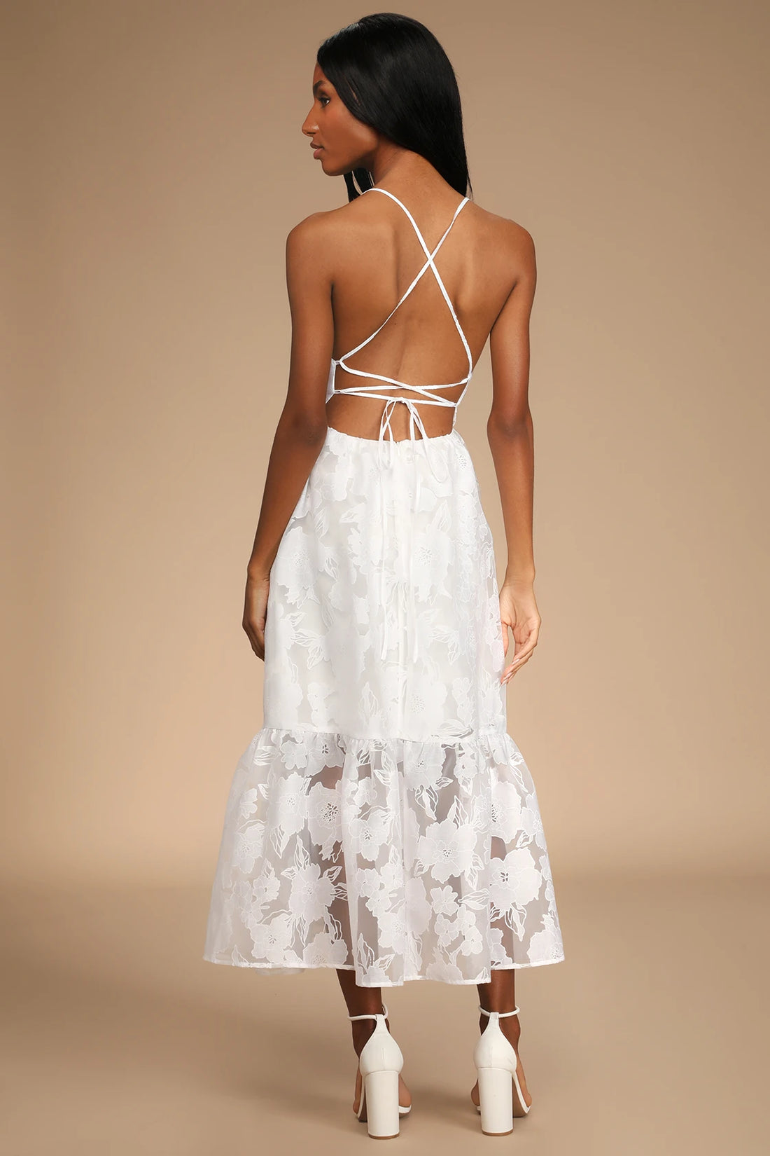 Lulus Feeling Like Forever White Jacquard Organza Lace-Up Midi Dress - M