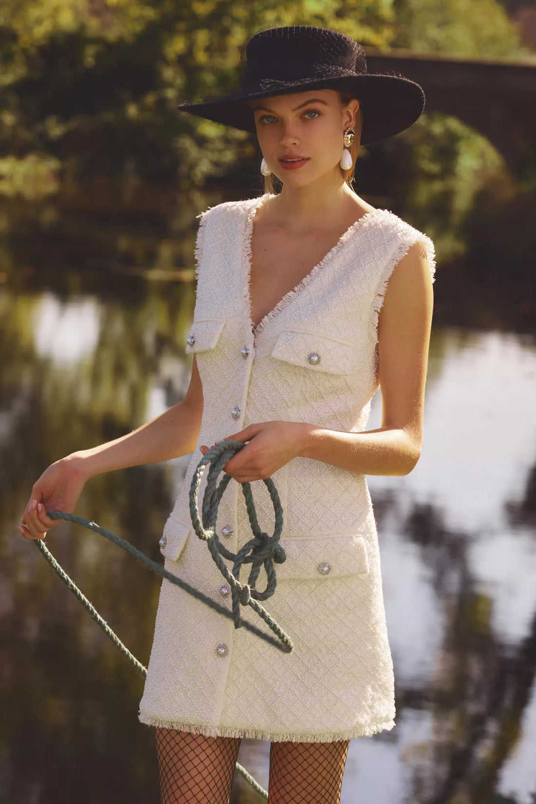 BHLDN Ella V-Neck Pearl Tweed Mini Dress - S