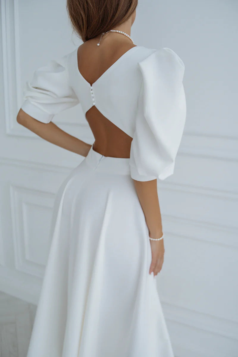 Elágia White Backless Puff-Sleeve Midi Dress - M