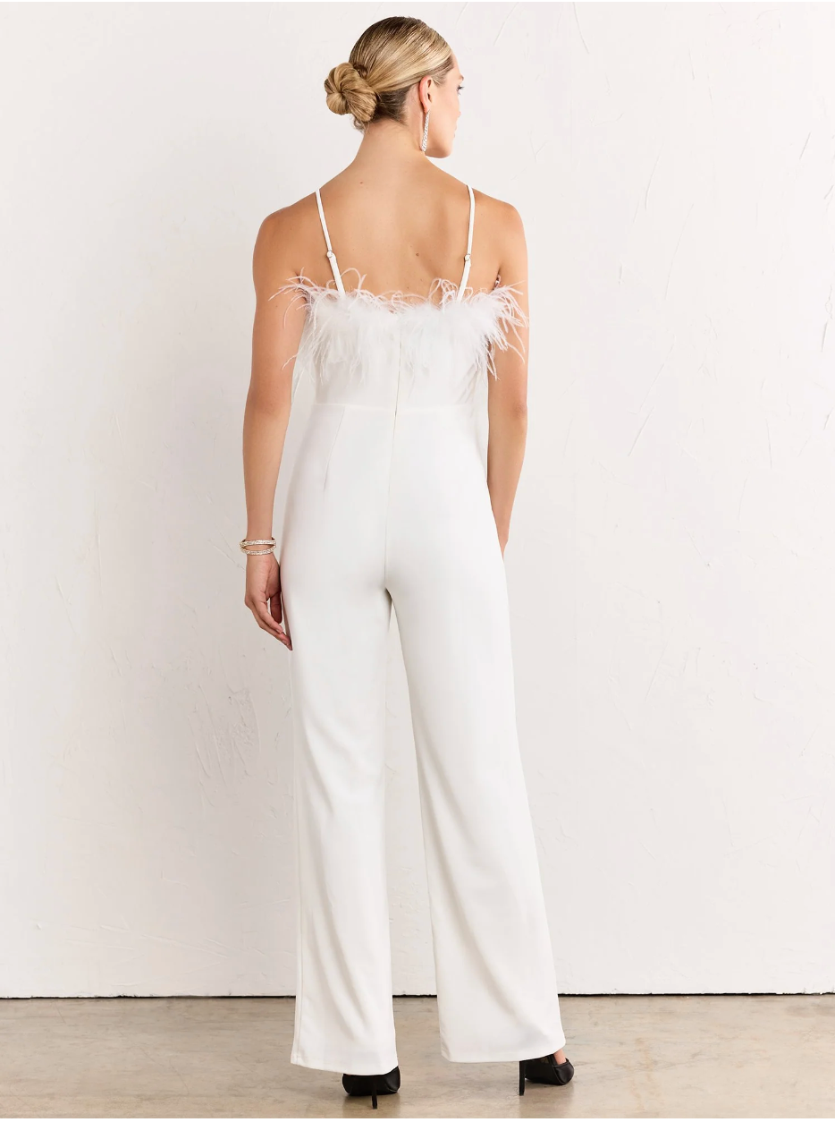 Lena Feather Trim Wide Leg Jumpsuit - S