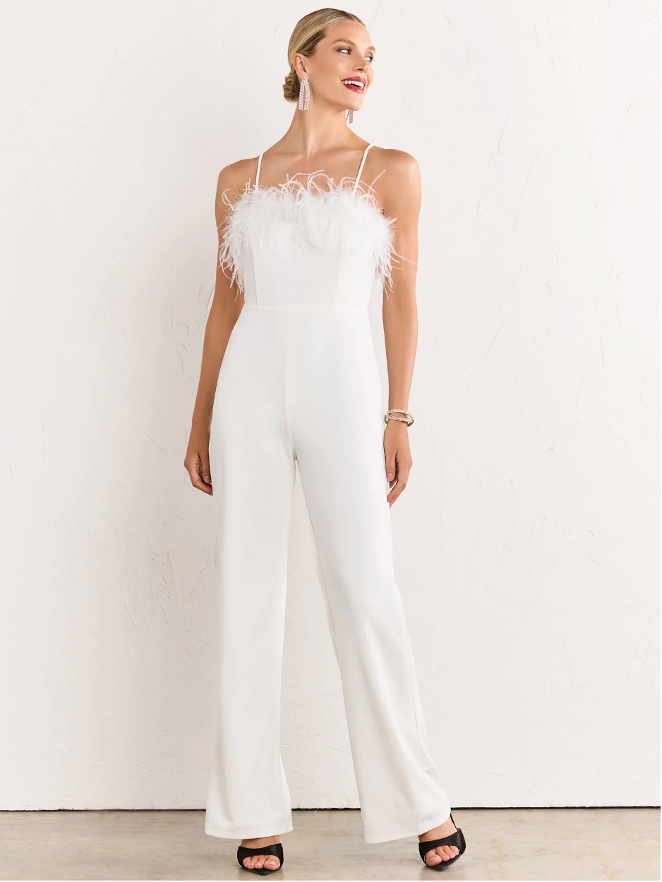 Lena Feather Trim Wide Leg Jumpsuit - S