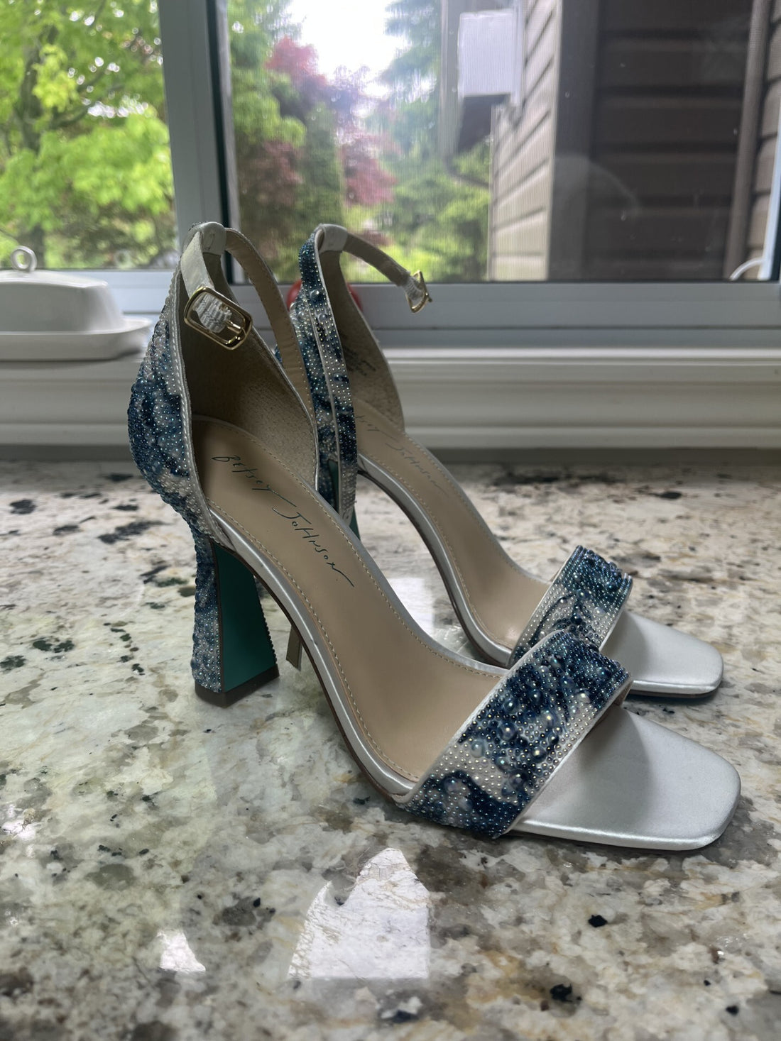 Betsey Johnson Women's Dani Ankle Strap Evening Sandals In Blue Floral - 8