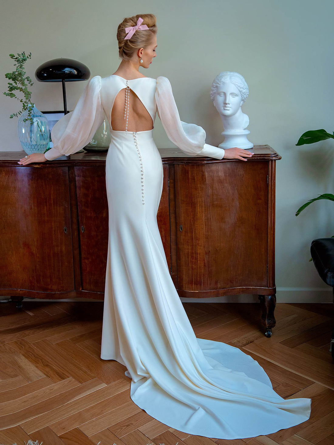 D3404 - Classic Trumpet Wedding Dress With Double Straps and Detachable Bow  - Perfections Bridal Studio