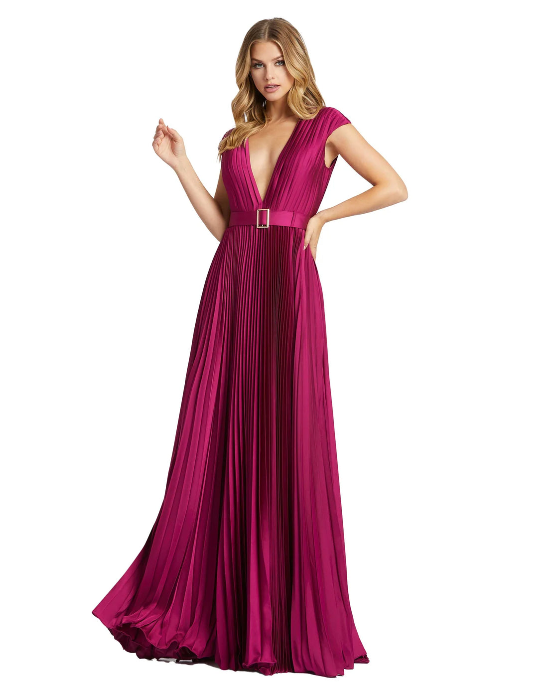 Mac Duggal Pleated Plunge Neck Belted A Line Gown - 4