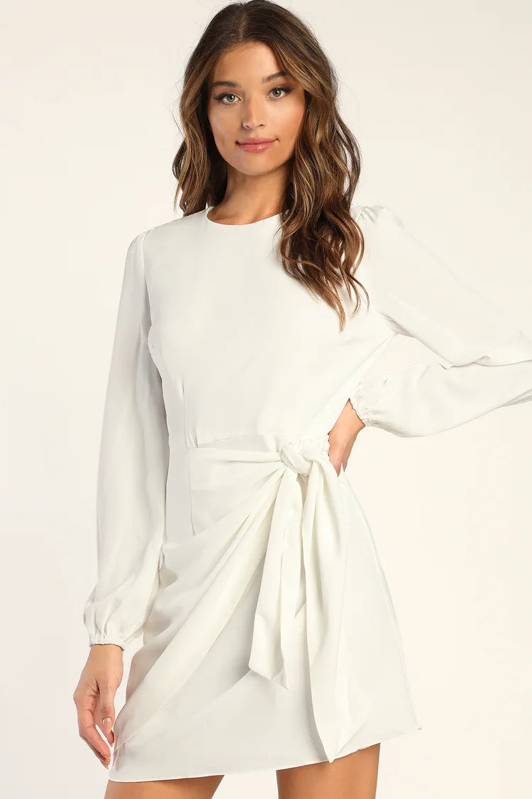 Lulus Believe It or Knot White Long Sleeve Tie-Front Skater Dress - M