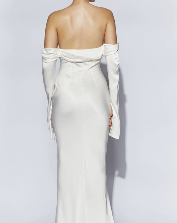 Giselle Off Shoulder Satin Mini Dress - White - MESHKI U.S