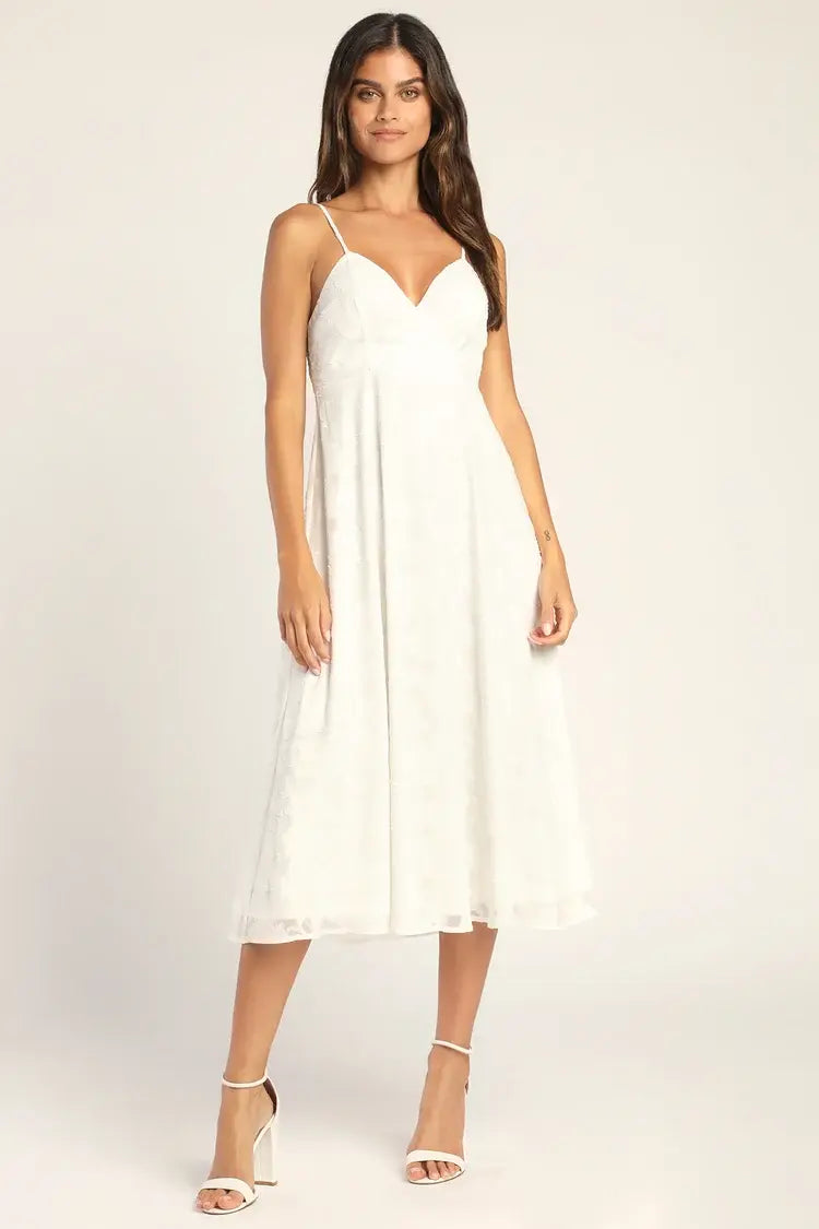 Lulus White Floral Burnout Surplice Midi Dress - XS