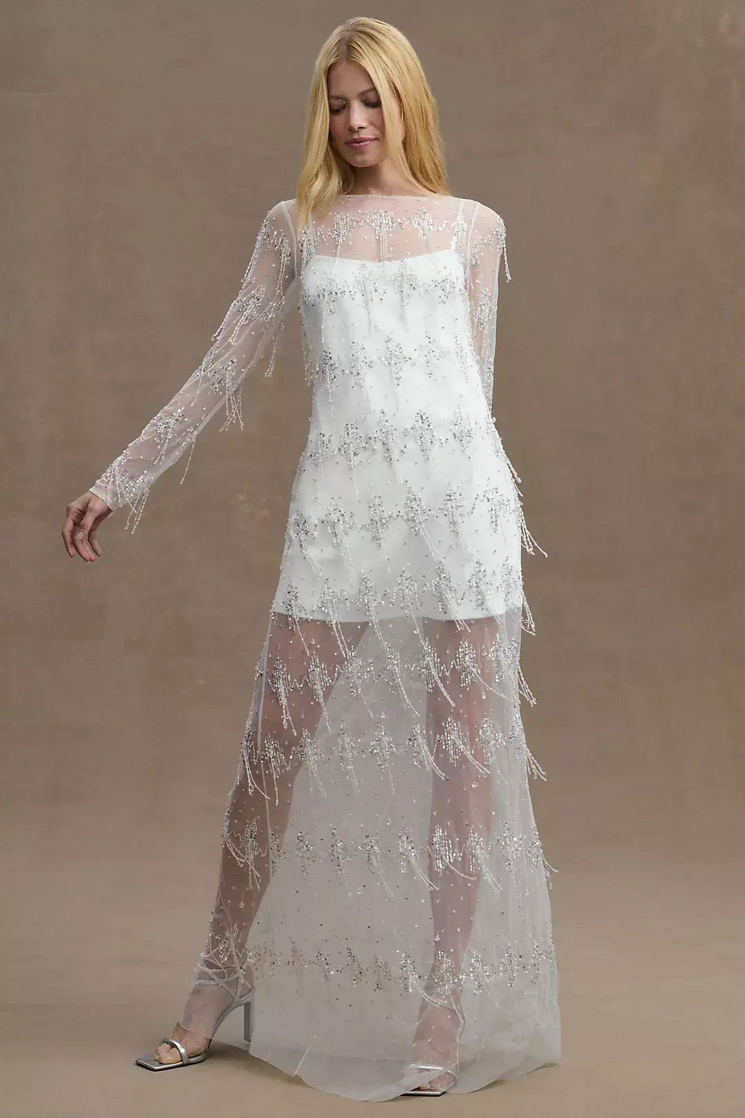 BHLDN Wilhemina Sheer Long-Sleeve Sweetheart Column Gown - 4