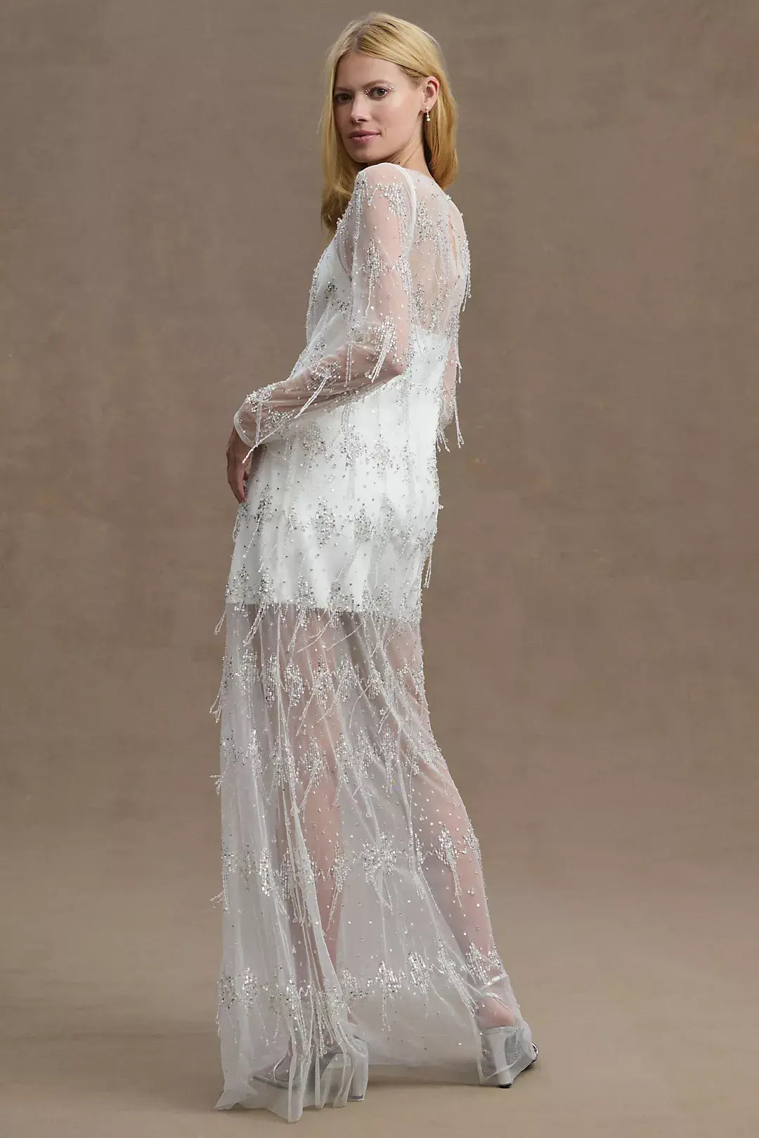 BHLDN Wilhemina Sheer Long-Sleeve Sweetheart Column Gown - 4