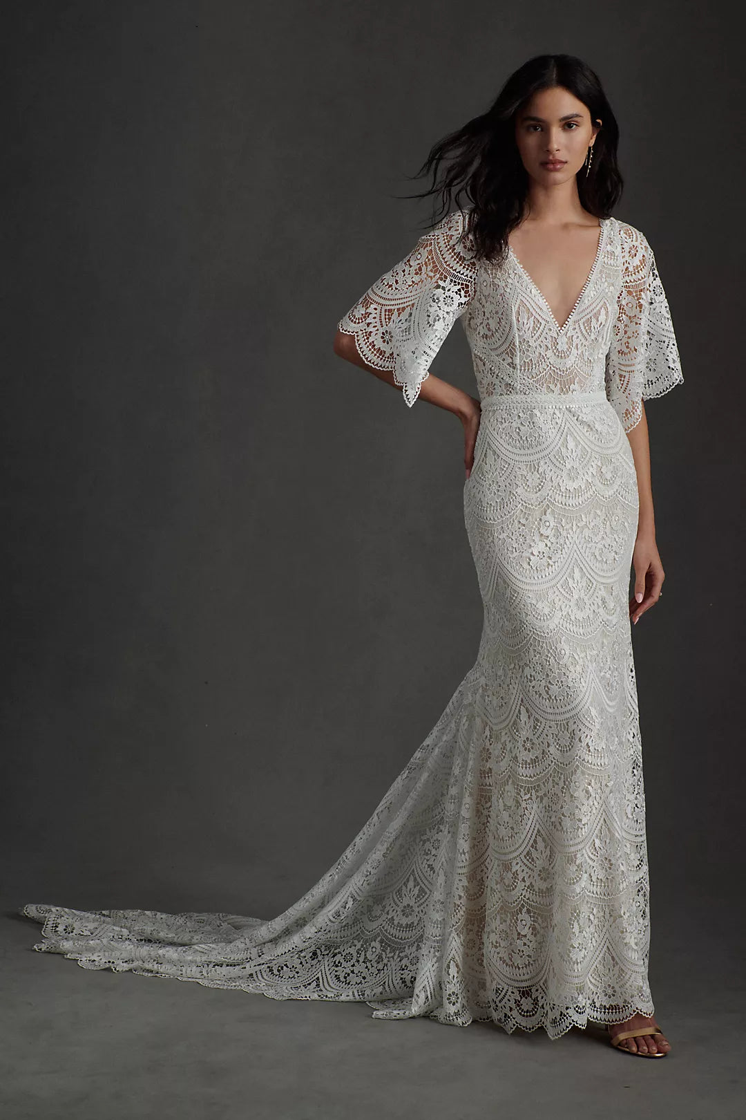 Rish Haleh Flutter-Sleeve Allover Lace V-Neck Fit & Flare Wedding Gown - 6