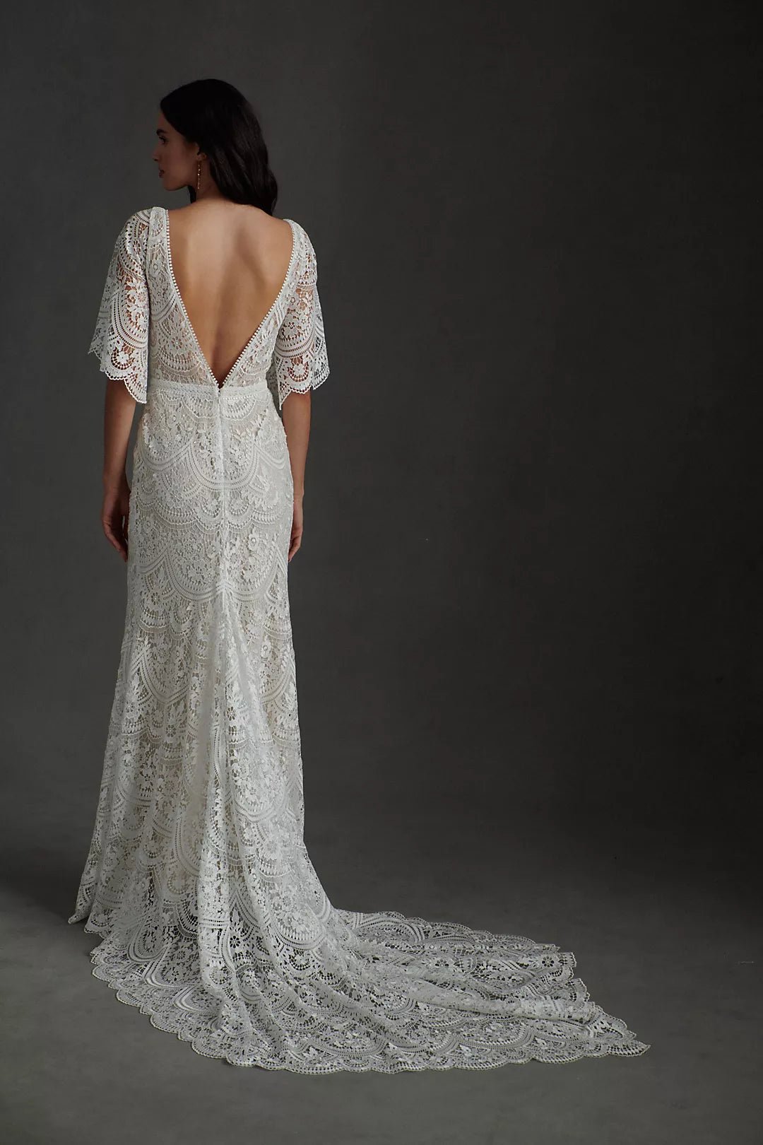 Rish Haleh Flutter-Sleeve Allover Lace V-Neck Fit & Flare Wedding Gown - 6