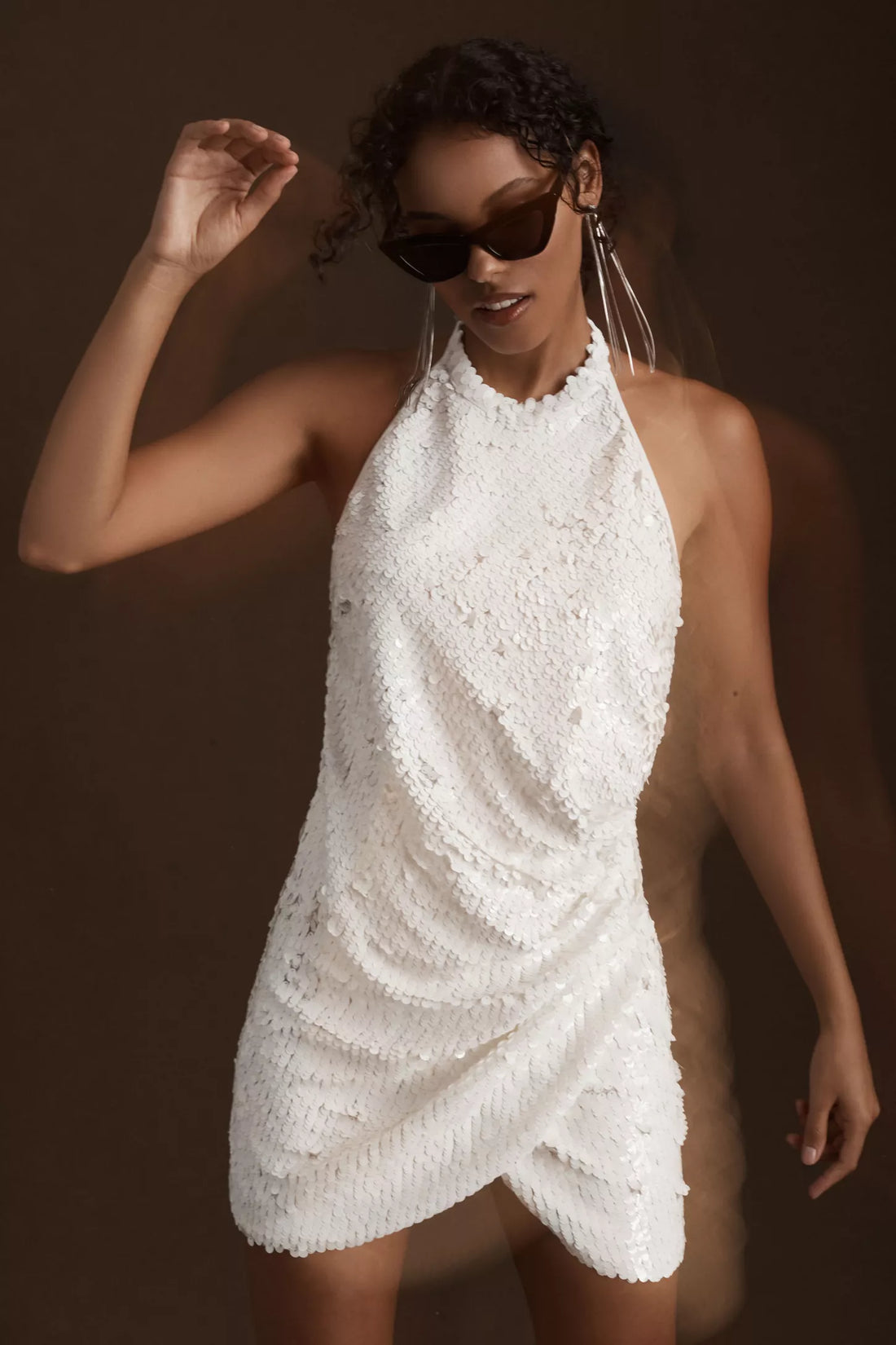 Ronny Kobo Jo Halter Sequin Ruched Open-Back Mini Dress in white - S