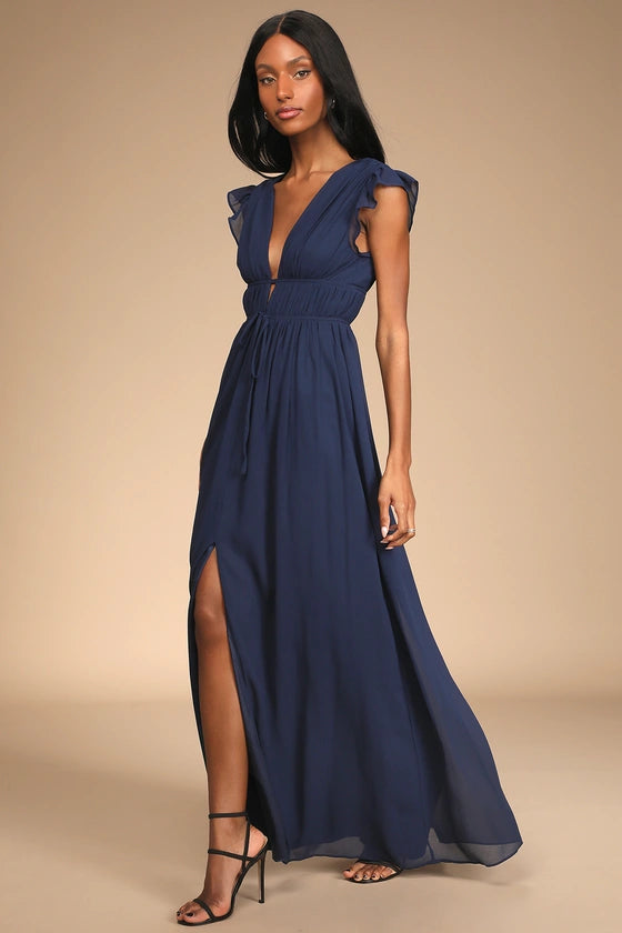 Lulus I'm All Yours Navy Blue Ruffled Maxi Dress - S