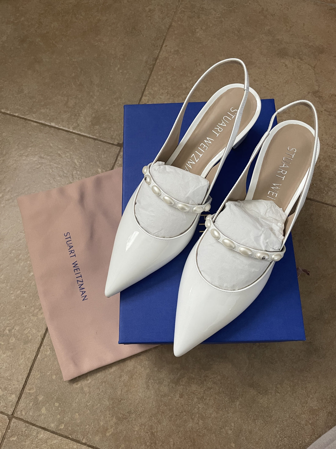 Stuart Weitzman Pearlita 50 white patent leather sling back heels - 9