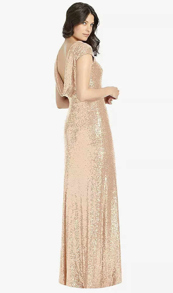 Dessy Cap Sleeve Cowl-back Sequin Gown With Front Slit In Rose Gold - 12
