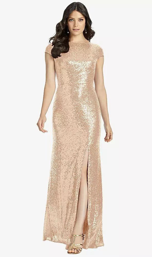Dessy Cap Sleeve Cowl-back Sequin Gown With Front Slit In Rose Gold - 12