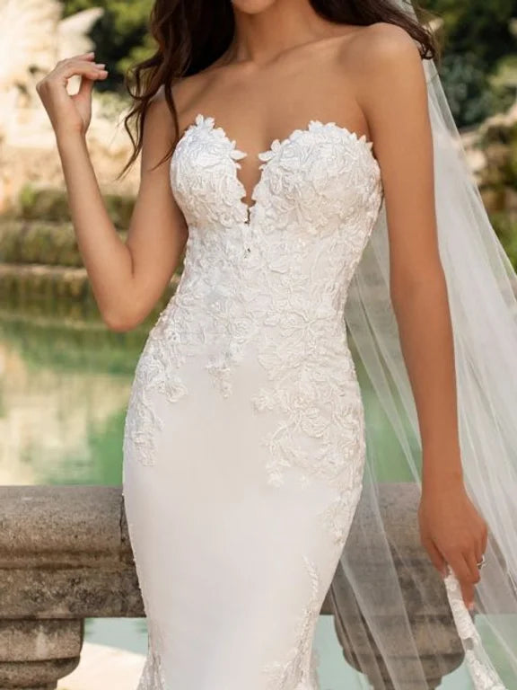 T212002 Simple Embroidered Lace & Stretch Crepe Wedding Dress with  V-Neckline