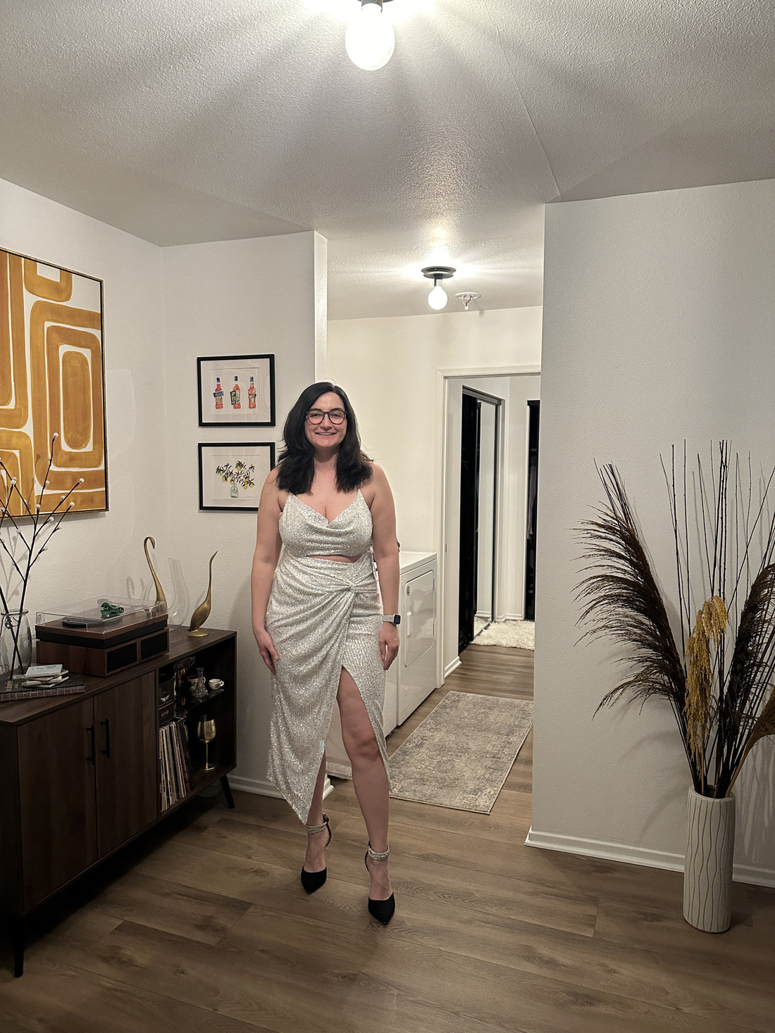 Selfie Leslie Miami Nights Cowl Neckline Twist Feature Midi Dress Sequin Silver - XL