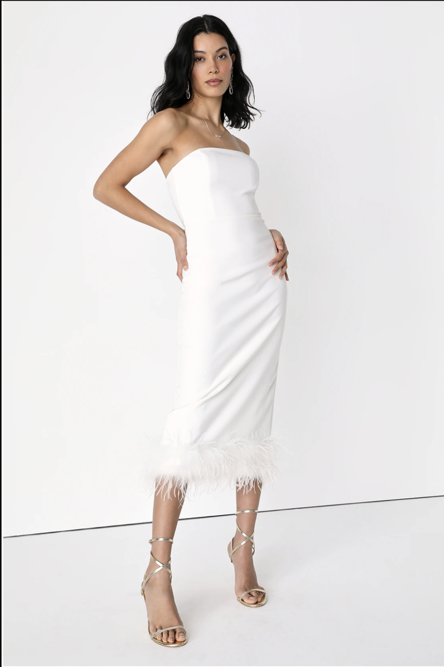 Feather Late Than Never White Strapless Feather Midi Dress - 0