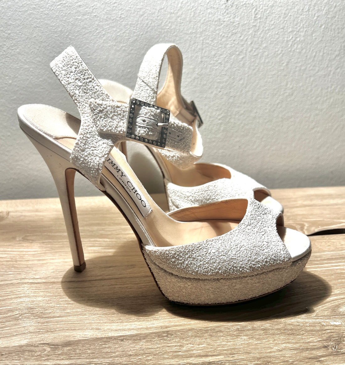 Jimmy Choo Sparkle glitter white with satin Platform Heels - IT 37.5