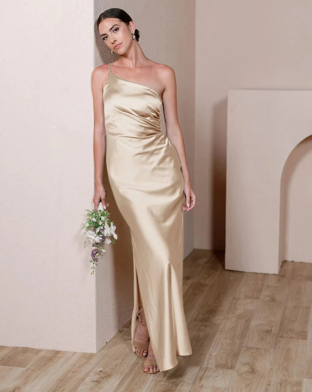 Revelry Jade Satin Dress Gold Champagne - 4