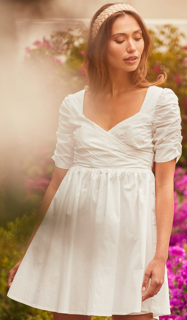 Ready for My Love White Ruched Short Sleeve Mini Dress - Studio Mariée
