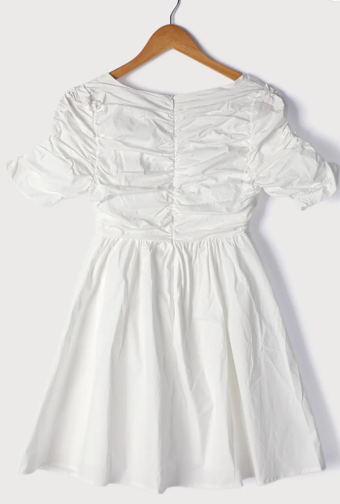 Ready for My Love White Ruched Short Sleeve Mini Dress - Studio Mariée